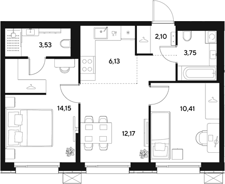 Планировка: Евротрёшка 52,2 м² в ЖК «ЭВО»