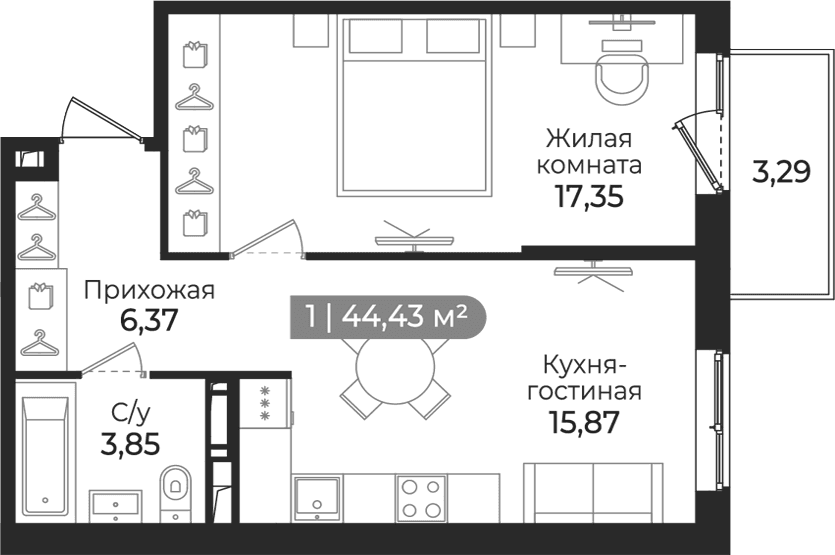 Планировка: Евродвушка 43,4 м² в ЖК «Квинта»