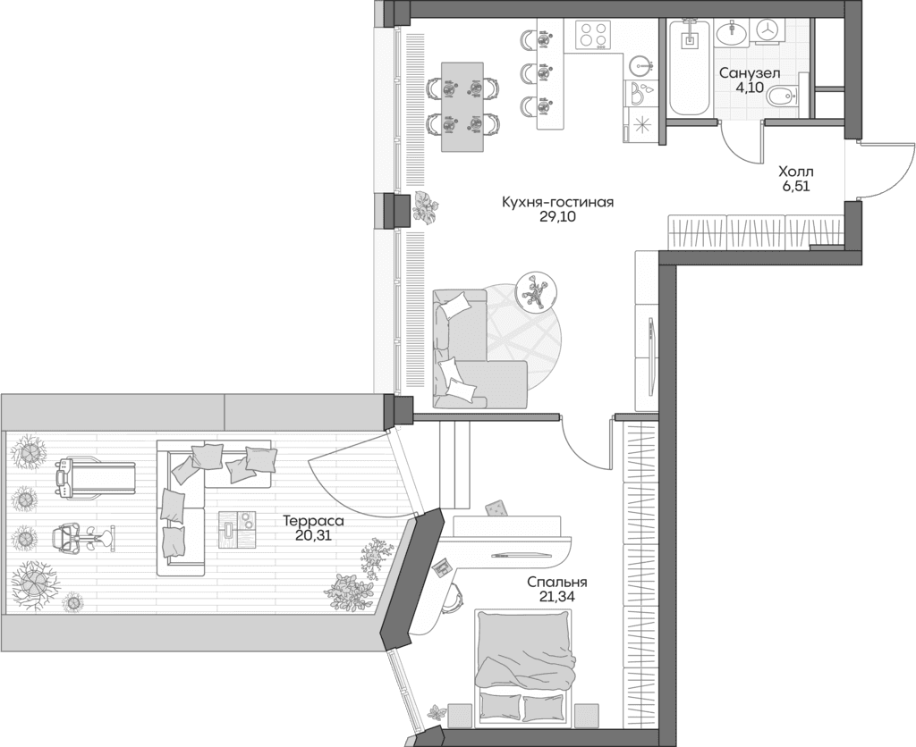 Планировка: Евродвушка 58,7 м² в ЖК «Инсайдер»