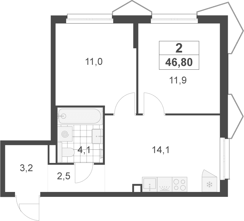 Планировка: 2-комнатная квартира 46,8 м² в ЖК «Деснаречье»