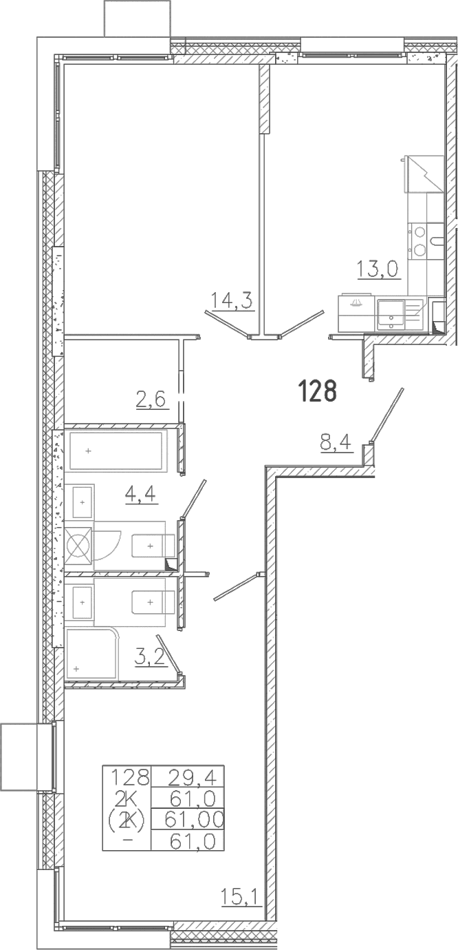 Планировка: 2-комнатная квартира 61 м² в ЖК «Лисино»