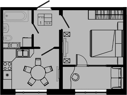 Планировка: 1-комнатная квартира 33,1 м² в ЖК «PIXEL»
