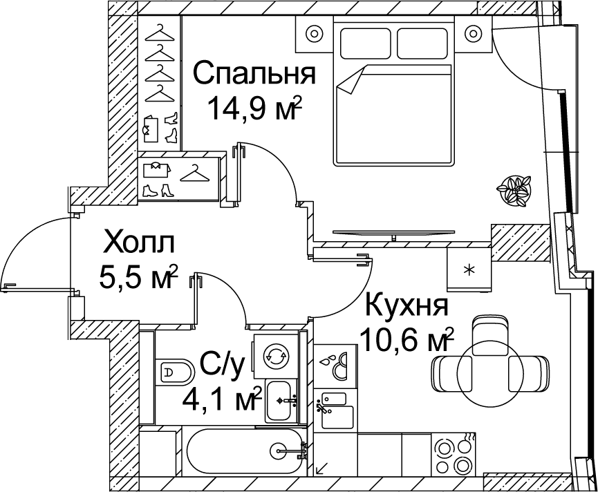 Планировка: 1-комнатная квартира 35,2 м² в ЖК «СЕЗАР БУДУЩЕЕ»