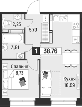 Планировка: Евродвушка 38,8 м² в ЖК «Символист»