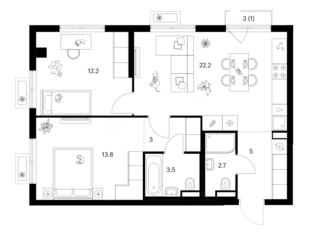 Планировка: 2-комнатная квартира 62,4 м² в ЖК «Ярославский»