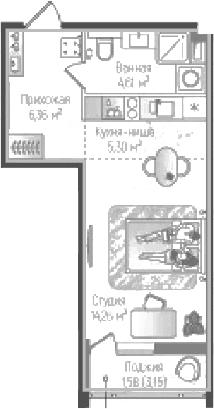 Планировка: Студия 30,5 м² в ЖК «Рига Хиллс»