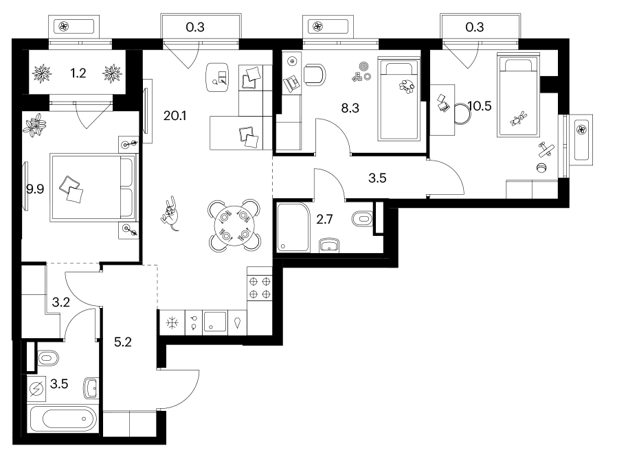 Планировка: 3-комнатная квартира 66,9 м² в ЖК «Ярославский»