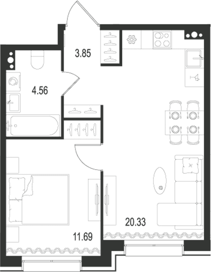Планировка: Евродвушка 40,4 м² в ЖК «Остров Первых»
