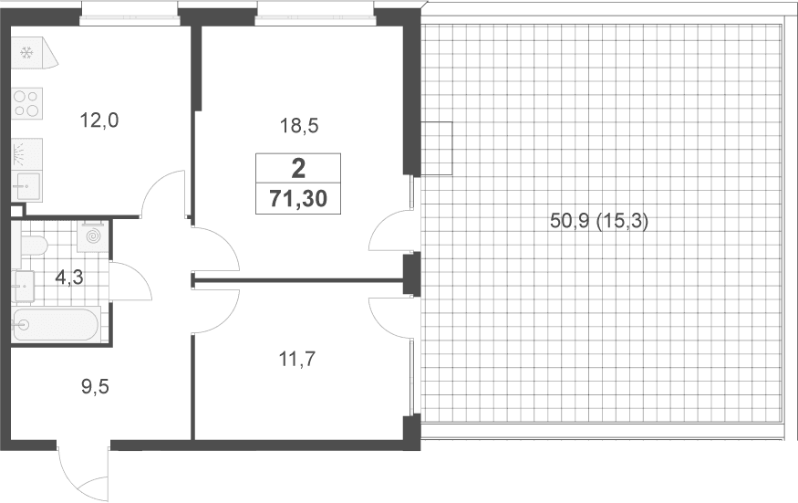 Планировка: 2-комнатная квартира 55,9 м² в ЖК «Скандинавия»