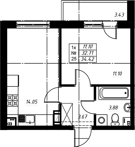 Планировка: Евродвушка 32,9 м² в ЖК «Огоньки»