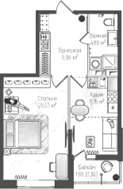 Планировка: Евродвушка 45,1 м² в ЖК «Рига Хиллс»