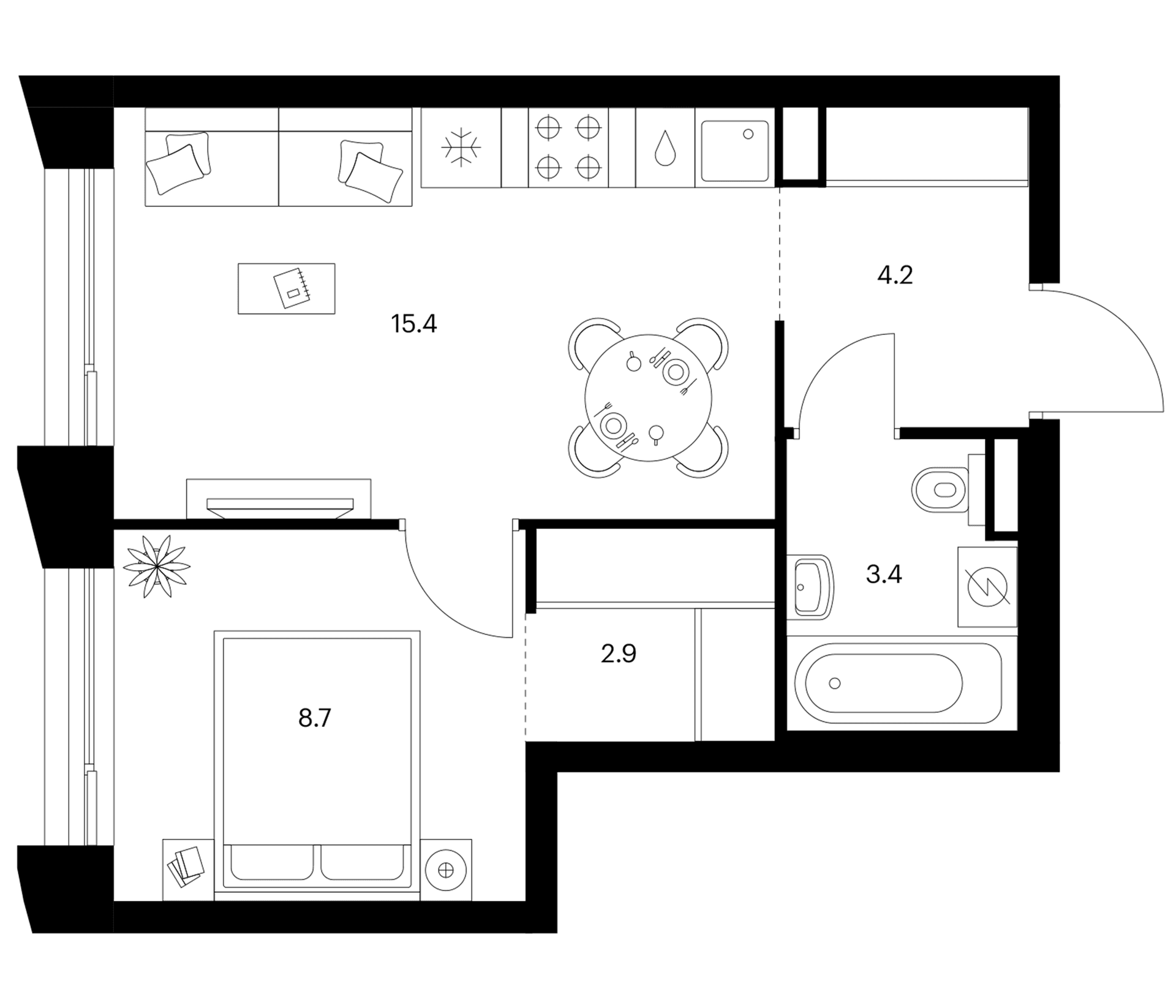 Планировка: 1-комнатная квартира 34,6 м² в ЖК «Зеленый парк»
