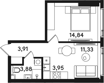 Планировка: Евродвушка 37,9 м² в ЖК «СОЛОС»