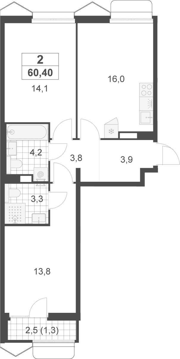 Планировка: Евротрёшка 59,1 м² в ЖК «Деснаречье»