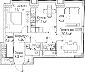 Планировка: 2-комнатная квартира 63,2 м² в ЖК «СЕЗАР БУДУЩЕЕ»