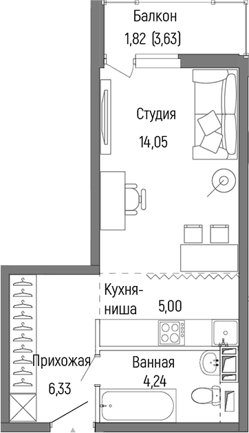 Планировка: Студия 29,6 м² в ЖК «Рига Хиллс»