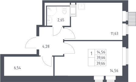 Планировка: 1-комнатная квартира 39,7 м² в ЖК «Большое Путилково»