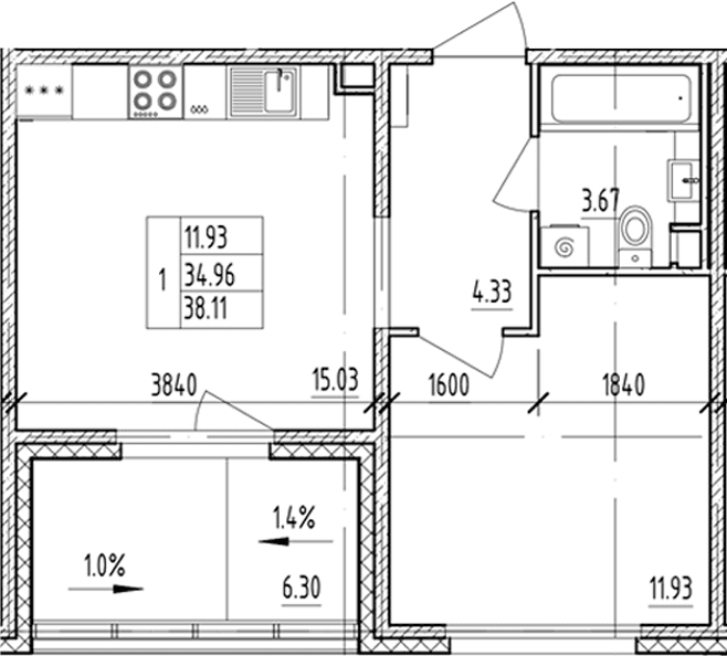 Планировка: 1-комнатная квартира 35 м² в ЖК «ЛесАрт»
