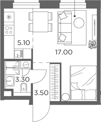 Планировка: Студия 28,9 м² в ЖК «Белый Град»