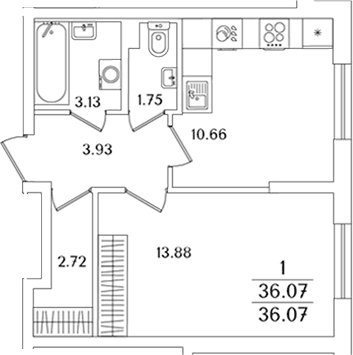 Планировка: 1-комнатная квартира 36,1 м² в ЖК «Кинопарк»