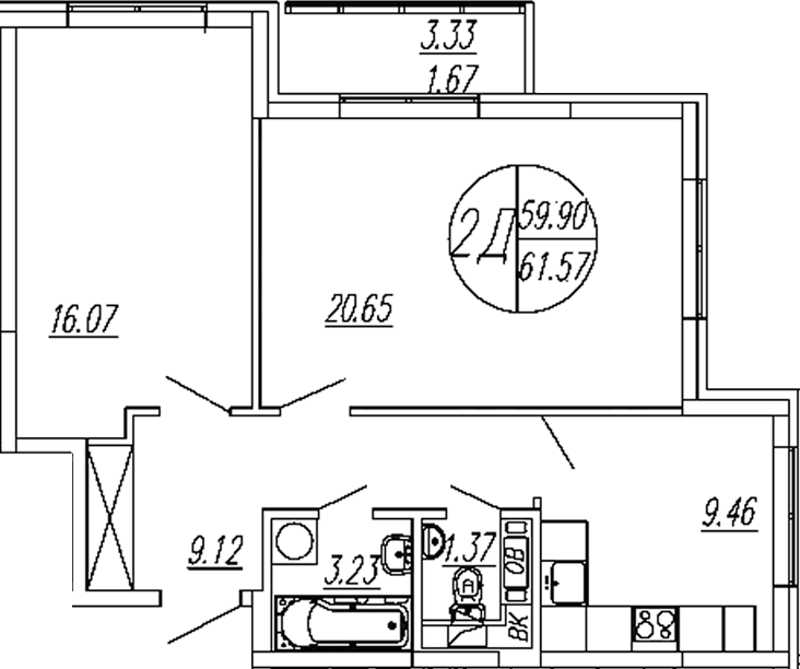 Планировка: 2-комнатная квартира 59,9 м² в ЖК «Шолохово»