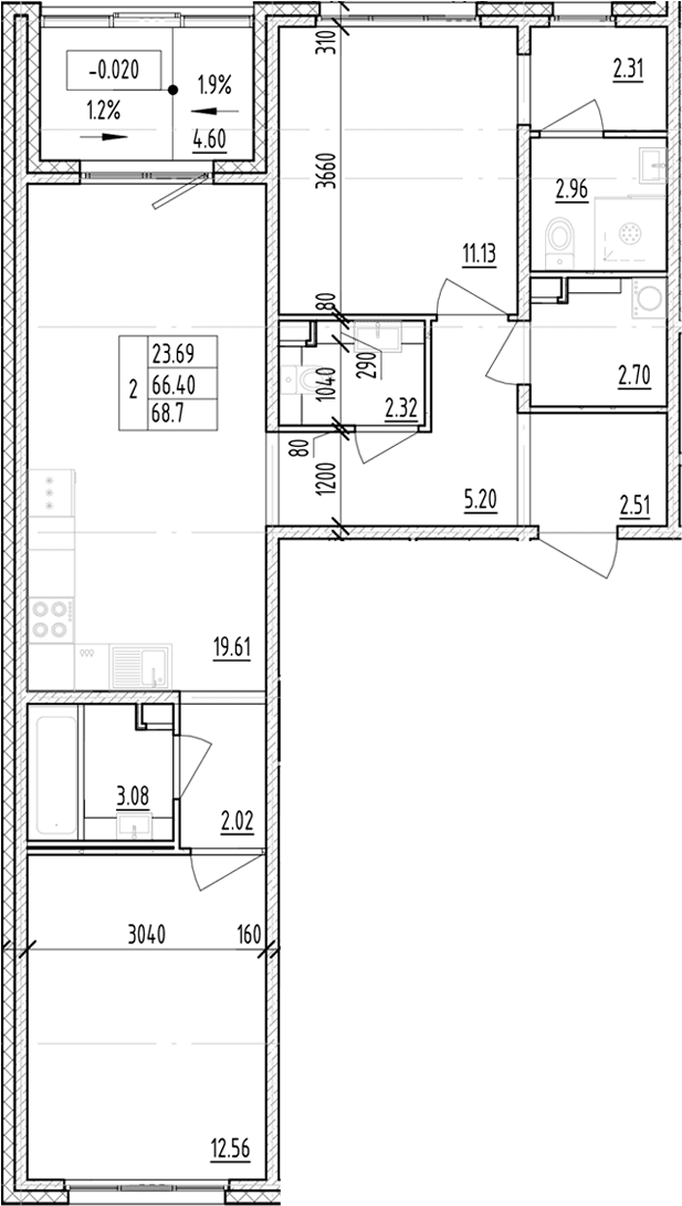 Планировка: 2-комнатная квартира 66,4 м² в ЖК «ЛесАрт»
