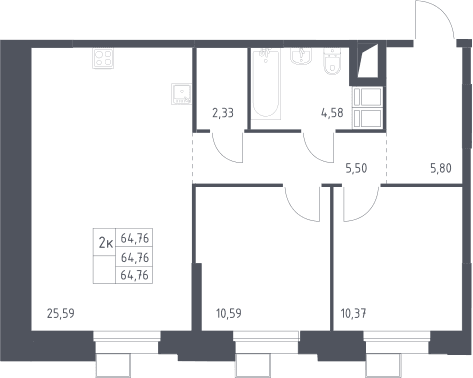 Планировка: Евротрёшка 64,8 м² в ЖК «Тропарево Парк»