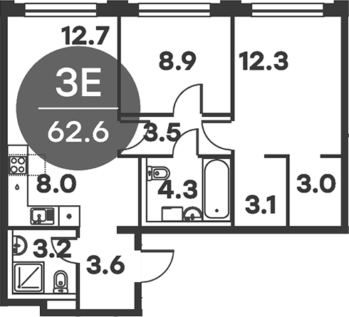 Планировка: Евротрёшка 62,6 м² в ЖК «Равновесие»