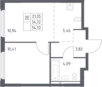 Планировка: Евродвушка 34,7 м² в ЖК «Космический Квартал»