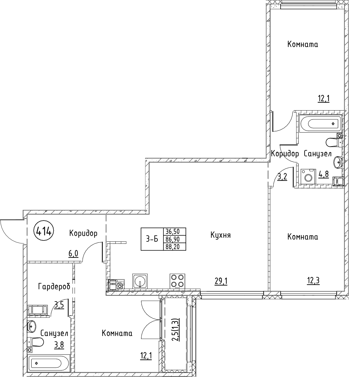 Планировка: Квартира евро-4 86,9 м² в ЖК «Кронунг Юг»