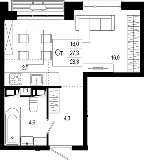 Планировка: Студия 28,3 м² в ЖК «Новая Щербинка»