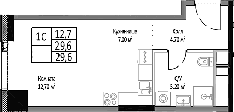 Планировка: Студия 29,6 м² в ЖК «Мираполис»