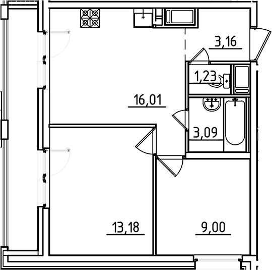 Планировка: Евротрёшка 45,7 м² в ЖК «Старлайт»