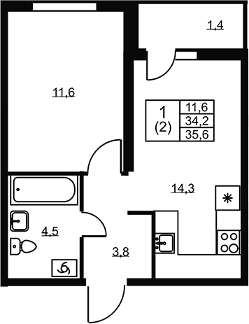 Планировка: 1-комнатная квартира 34,2 м² в ЖК «Ермак»