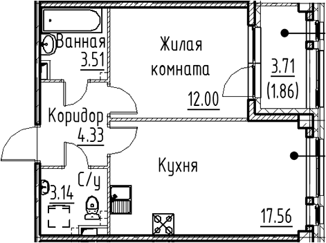 Планировка: Евродвушка 40,5 м² в ЖК «Кронфорт»