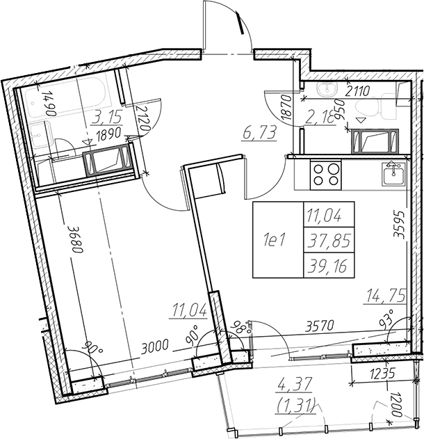 Планировка: Евродвушка 37,9 м² в ЖК «Левитан»