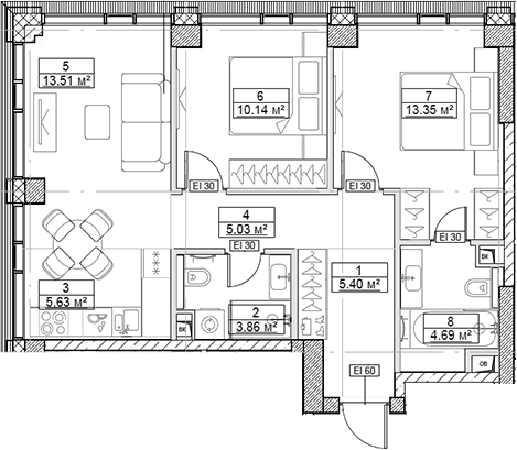 Планировка: Евротрёшка 61,6 м² в ЖК «Сити Бэй»