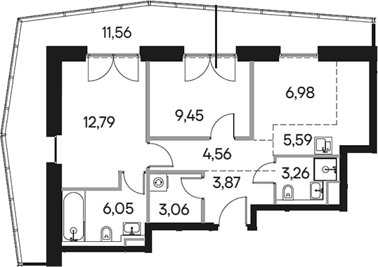 Планировка: Евротрёшка 57,5 м² в ЖК «Селигер Сити»