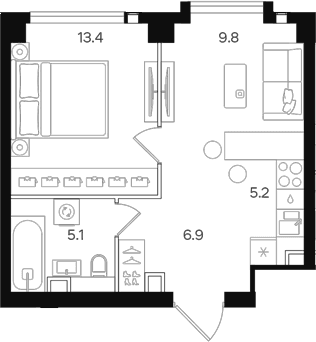 Планировка: Евродвушка 40,4 м² в ЖК «АУРА»