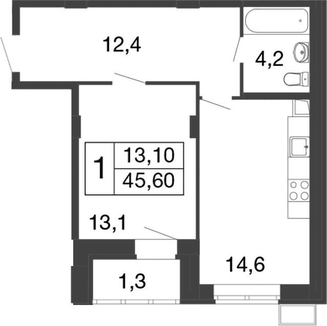 Планировка: 1-комнатная квартира 44,3 м² в ЖК «Времена года»