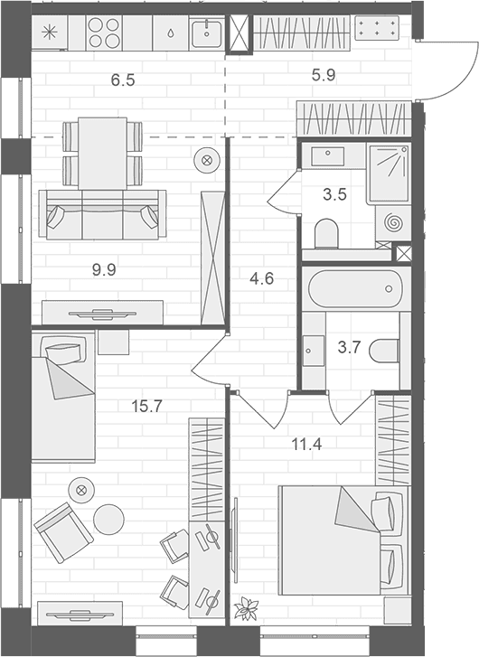 Планировка: Евротрёшка 61,2 м² в ЖК «АРТЕЛЬ»
