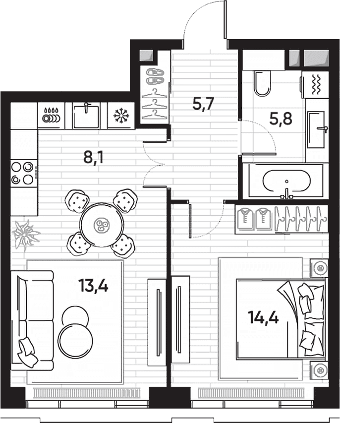 Планировка: Евродвушка 47,4 м² в ЖК «ПРАЙД»
