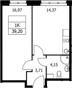 Планировка: 1-комнатная квартира 39,2 м² в ЖК «Волковская 67»