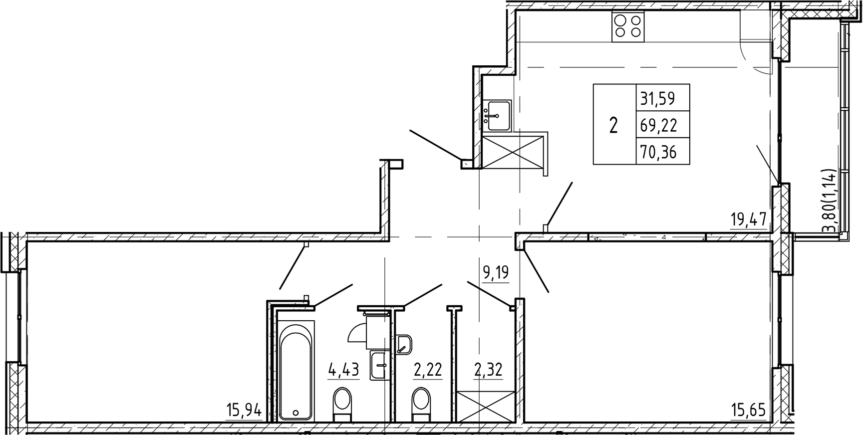 Планировка: 2-комнатная квартира 69,2 м² в ЖК «Регенбоген»