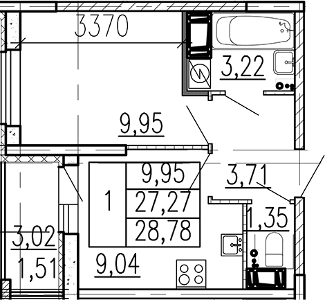 Планировка: 1-комнатная квартира 27,3 м² в ЖК «Высота. Бугры»