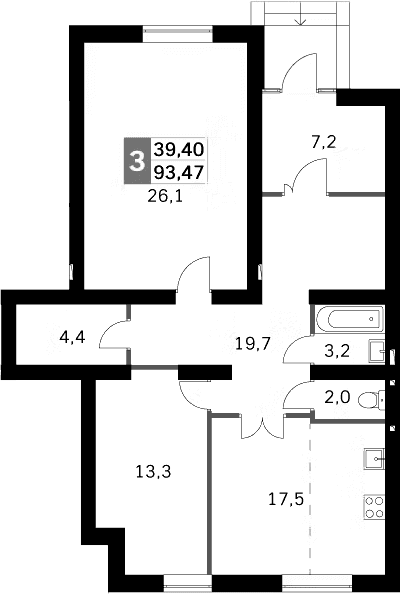 Планировка: Евротрёшка 91,9 м² в ЖК «Парк Апрель»