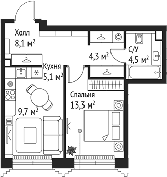 Планировка: Евродвушка 45 м² в ЖК «СЕТ»