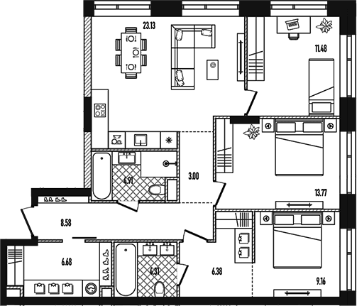 Планировка: Квартира евро-4 91,4 м² в ЖК «Репаблик»