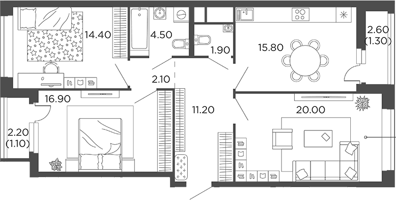 Планировка: 3-комнатная квартира 86,8 м² в ЖК «Филатов Луг»
