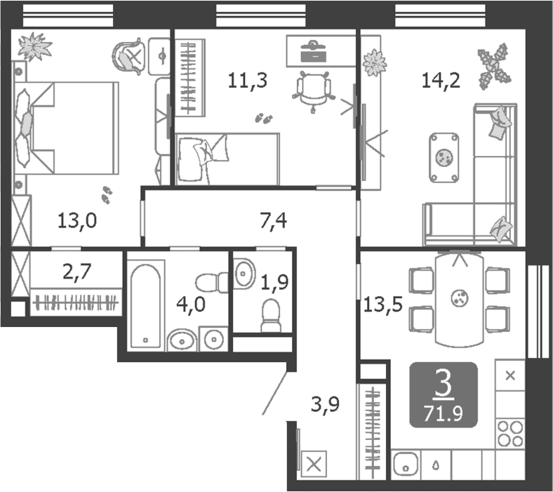 Планировка: 3-комнатная квартира 71,9 м² в ЖК «Шагал»